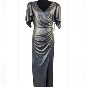 ELIZA J SILVER METALLIC 80’s STYLE‎ V-NECK  MAXI DRESS W: SHOULDER PADS